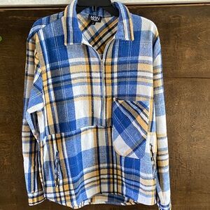 BoohooMAN Blue and Yellow Checkered Shirt, with half-zip and pockets. Size L